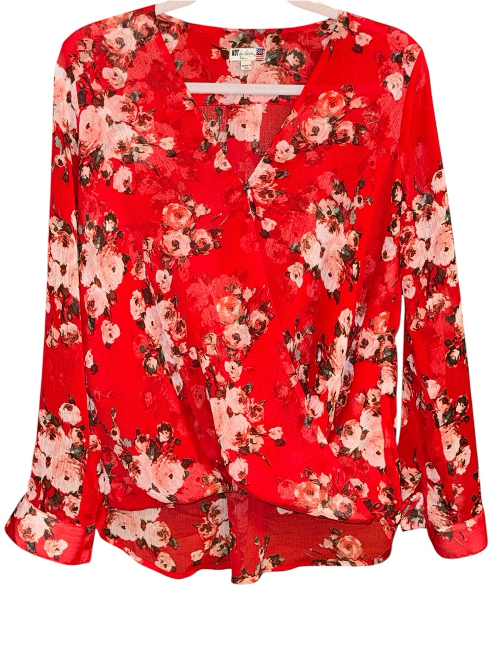 Kut from the Kloth Red Floral Jenalee Surplice Blouse Size Small